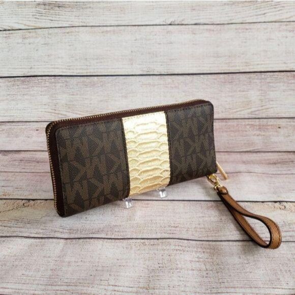 Michael Kors Signature Continental Zip Around Wallet Wristlet Metallic Logo - Picture 5 of 13